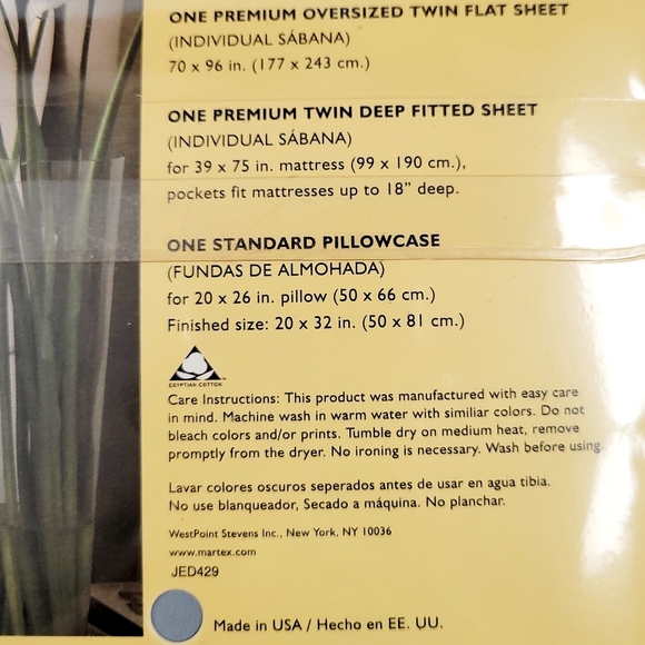 Martex Luxor Twin Sheet Set 100% Egyptian Cotton 300 Thread Count Shadow Blue - Picture 5 of 5